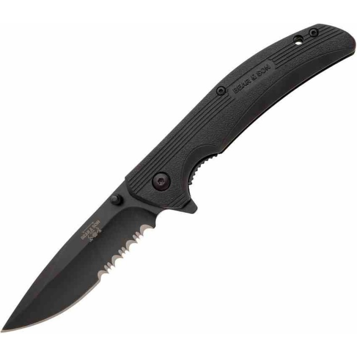 Couteau Tactical Bear & Son Sideliner Lame Acier 440 Combo Edge Manche Black Zytel Linerlock USA BC778BSR - Livraison Gratuite