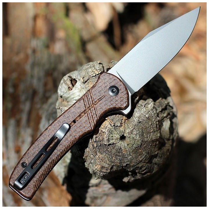 Couteau CIVIVI Cogent Brown Button Lock Manche Micarta Lame Acier 14C28N IKBS Clip CIVC20038D6 - Livraison Gratuite