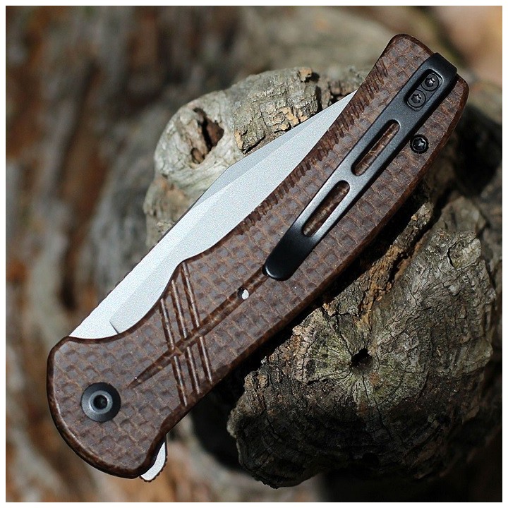Couteau CIVIVI Cogent Brown Button Lock Manche Micarta Lame Acier 14C28N IKBS Clip CIVC20038D6 - Livraison Gratuite
