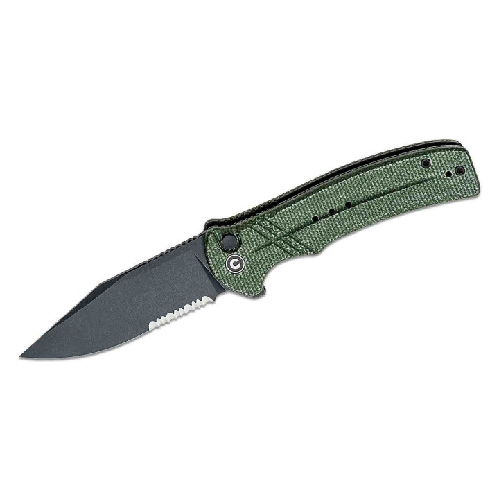 Couteau CIVIVI Cogent Green Button Lock Manche Micarta Lame Acier 14C28N Part Serr IKBS Clip CIVC20038E4 - Livraison Gratuite