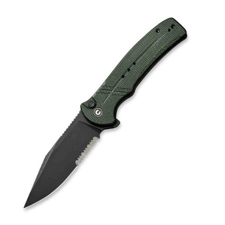 Couteau CIVIVI Cogent Green Button Lock Manche Micarta Lame Acier 14C28N Part Serr IKBS Clip CIVC20038E4 - Livraison Gratuite