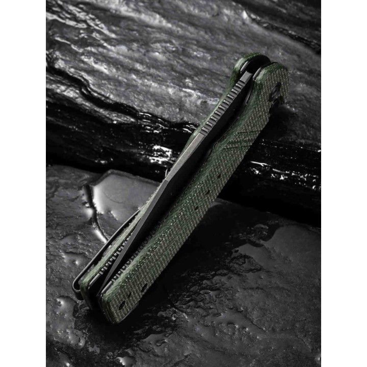 Couteau CIVIVI Cogent Green Button Lock Manche Micarta Lame Acier 14C28N Part Serr IKBS Clip CIVC20038E4 - Livraison Gratuite