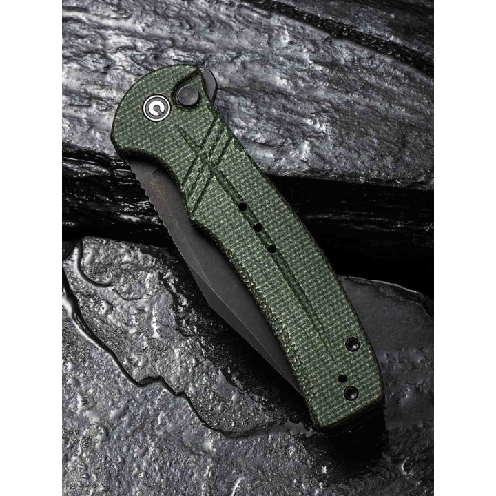 Couteau CIVIVI Cogent Green Button Lock Manche Micarta Lame Acier 14C28N Part Serr IKBS Clip CIVC20038E4 - Livraison Gratuite