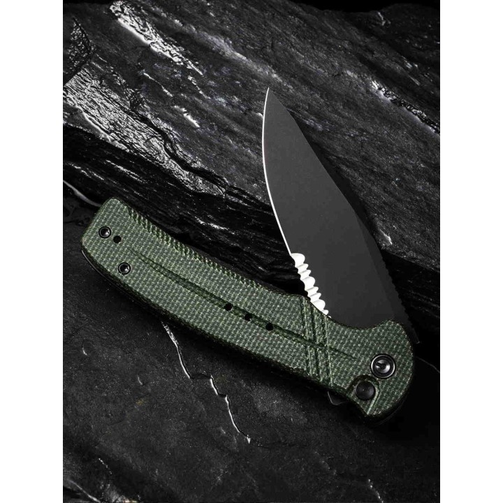 Couteau CIVIVI Cogent Green Button Lock Manche Micarta Lame Acier 14C28N Part Serr IKBS Clip CIVC20038E4 - Livraison Gratuite