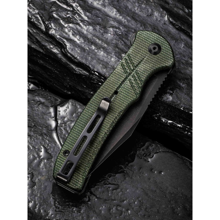 Couteau CIVIVI Cogent Green Button Lock Manche Micarta Lame Acier 14C28N Part Serr IKBS Clip CIVC20038E4 - Livraison Gratuite