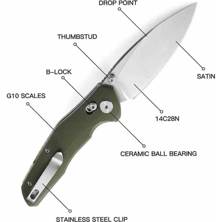 Couteau BESTECHMAN Ronan B-Lock OD Green Lame Acier 14C28N Manche G10 Crossbar Lock Clip BTKMK02B - Livraison Gratuite