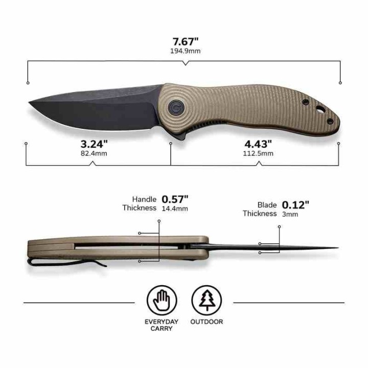 Couteau CIVIVI Synergy 3 Lame Drop Point Acier Nitro-V Manche G10 Tan IKBS Linerlock Clip CIVC20075D2 - Livraison Gratuite
