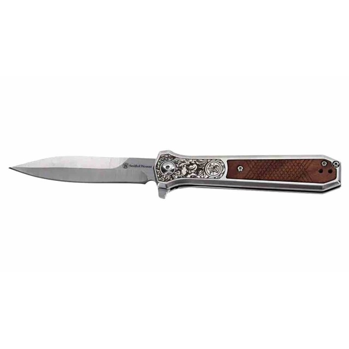 Couteau Smith&Wesson Unwavered Semi Auto Lame Acier 8Cr13MoV Manche Bois Mitres Décorées SW1208413 - Livraison Gratuite