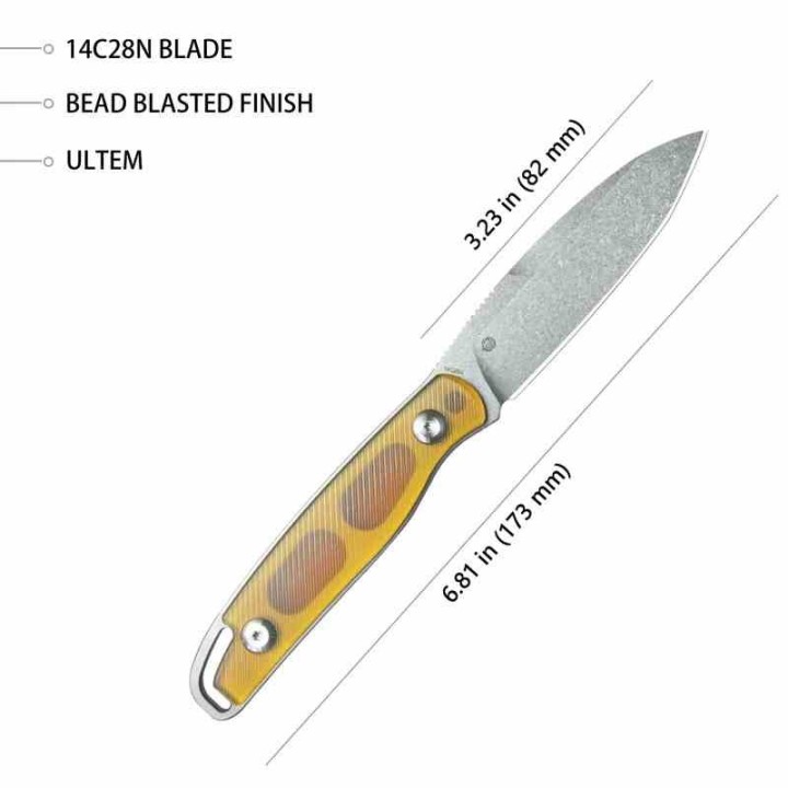 Couteau Kubey Dust Devil Yellow Manche Ultem Lame Acier 14C28N Beadblast Etui Kydex KUB357C - Livraison Gratuite