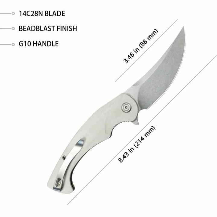 Couteau Kubey Scimitar White Manche G10 Lame Acier 14C28N Beadblast IKBS Linerlock Clip KUB173I - Livraison Gratuite