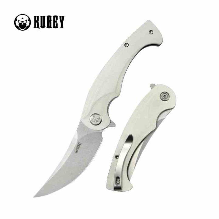Couteau Kubey Scimitar White Manche G10 Lame Acier 14C28N Beadblast IKBS Linerlock Clip KUB173I - Livraison Gratuite