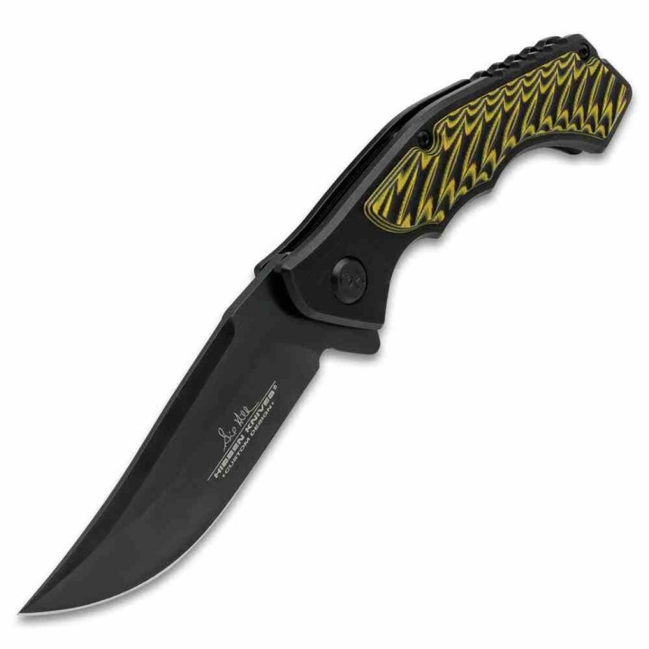 Couteau Hibben Whirlwind Yellow Jacket Lame Trailing Point Acier 7Cr17MoV Manche Alu/G10 IKBS Clip GH5131 - Livraison Gratuite 