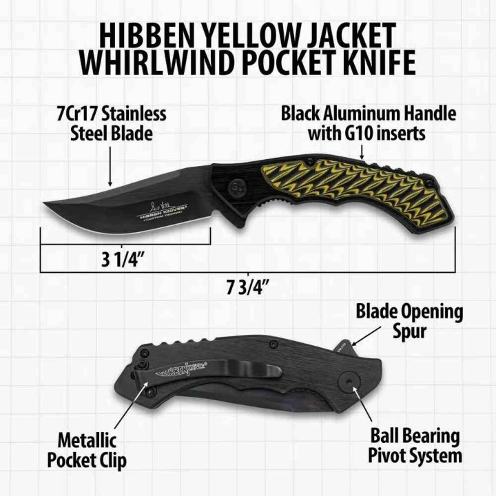 Couteau Hibben Whirlwind Yellow Jacket Lame Trailing Point Acier 7Cr17MoV Manche Alu/G10 IKBS Clip GH5131 - Livraison Gratuite 