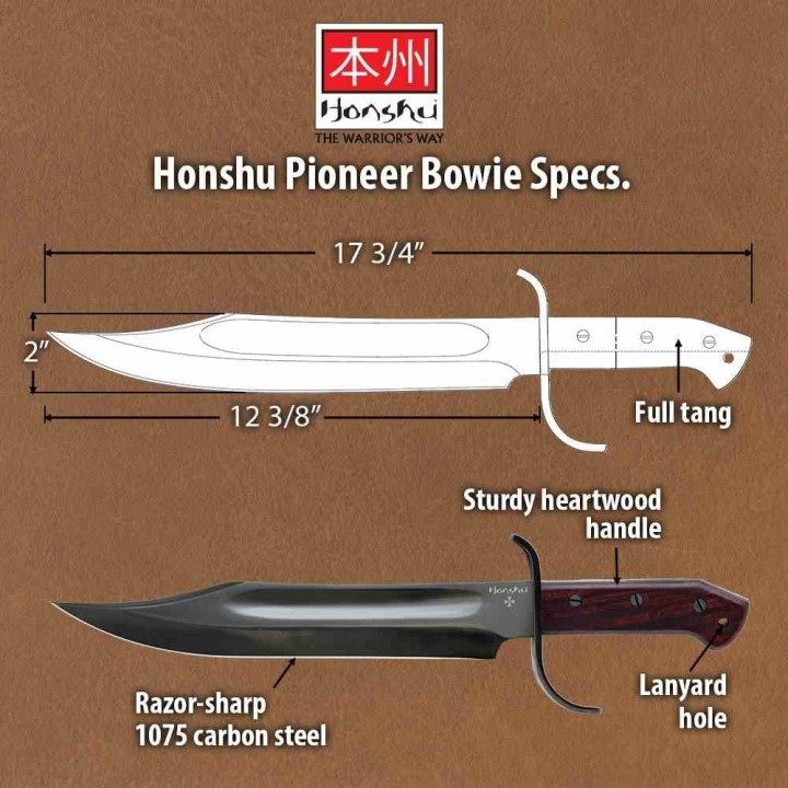 Couteau United Cutlery Honshu Pioneer Bowie Lame Acier Carbone 1075 Manche Bois Etui Cuir UC3545 - Livraison Gratuite