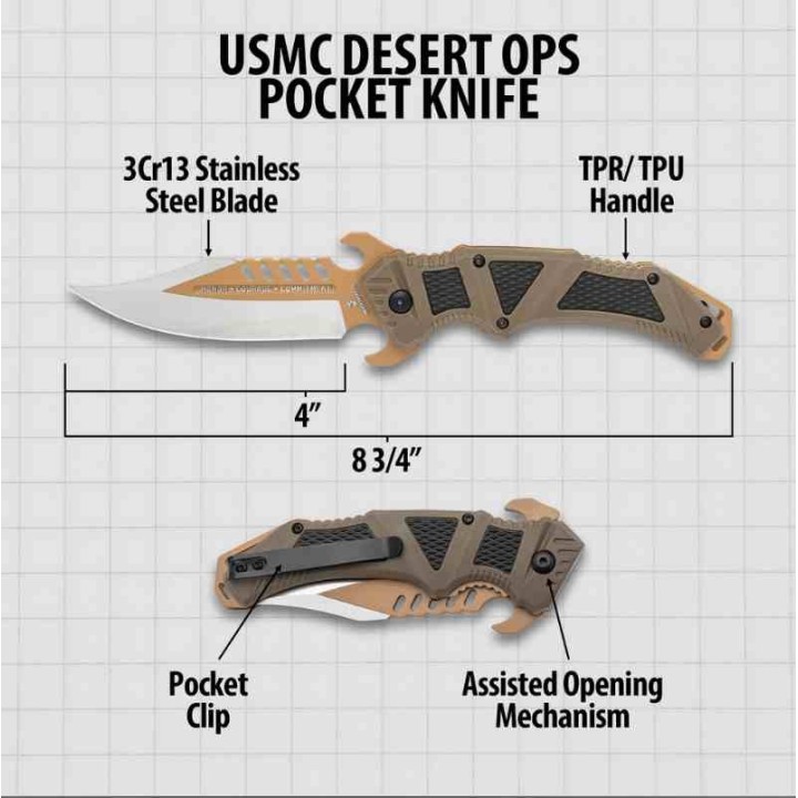 Couteau United Cutlery USMC Desert Ops A/O Lame Acier 3Cr13 Manche TPR/TPU Linerlock Clip UC3622 - Livraison Gratuite