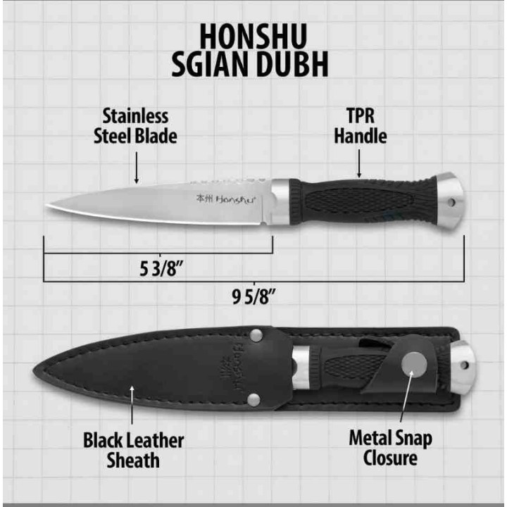 Couteau United Cutlery Honshu Sgian Dubh Lame Acier 7Cr13 Spear Point Manche TPR Etui Cuir UC3596 - Livraison Gratuite