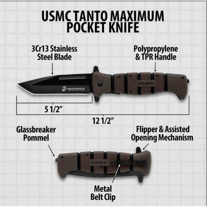 Couteau United Cutlery USMC Maximum A/O Lame Tanto 3Cr13 Manche Zytel Linerlock Clip UC3641 - Livraison Gratuite