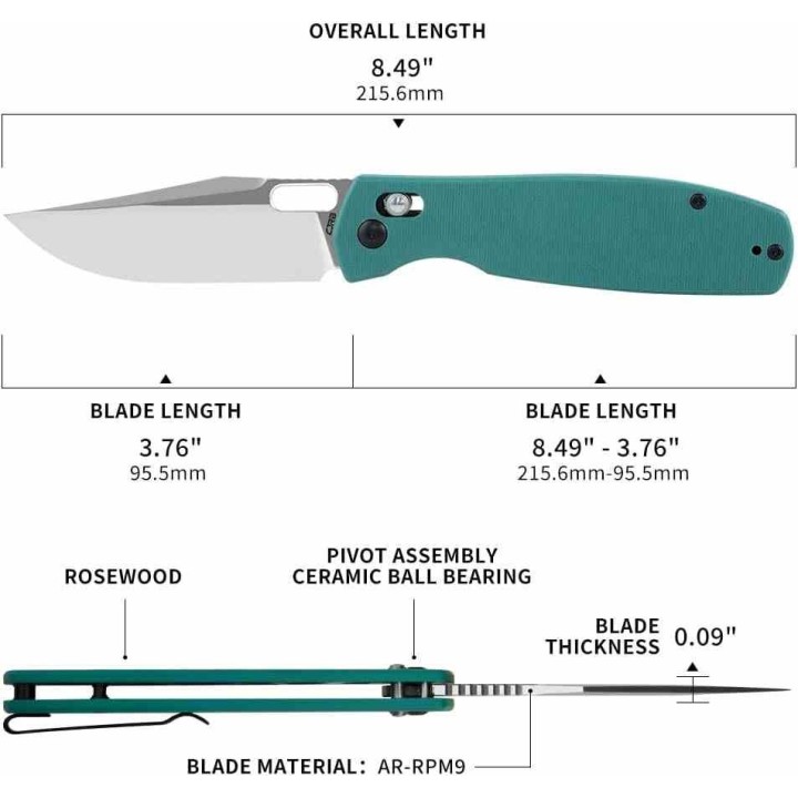 Couteau CJRB Prado Aqua Green Lame Acier AR-RPM9 Manche G10 IKBS Clip Crossbar Lock J1936AG - Livraison Gratuite