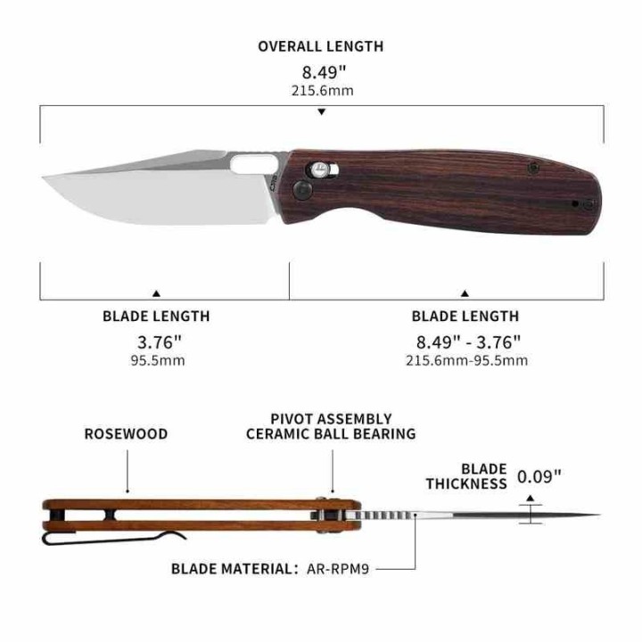 Couteau CJRB Prado Rosewood Lame Acier AR-RPM9 Manche Bois IKBS Clip Crossbar Lock J1936WD - Livraison Gratuite