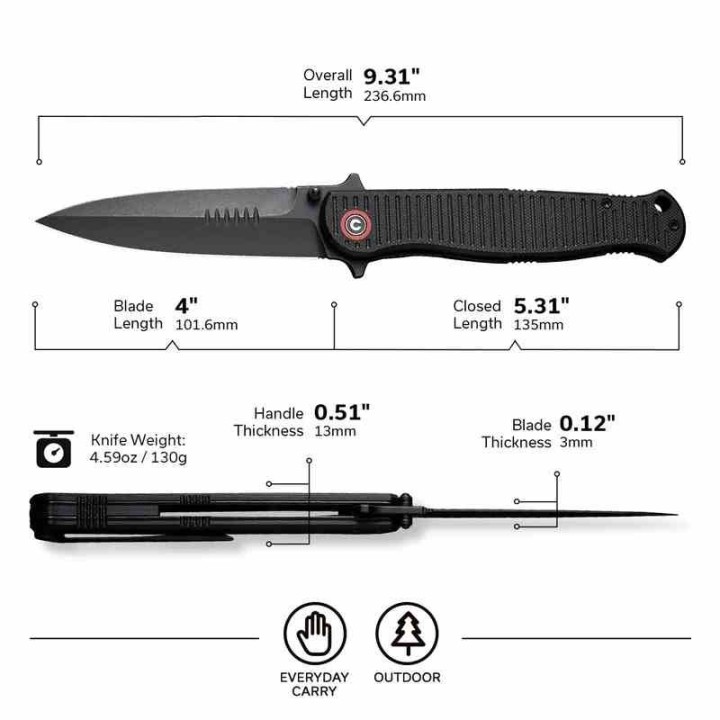 Couteau CIVIVI RS71 Dagger Black Lame Acier Nitro-V Blk Manche G10 IKBS Linerlock Clip CIVC230252 - Livraison Gratuite