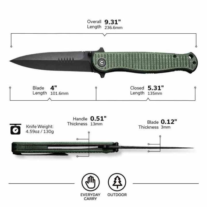 Couteau CIVIVI RS71 Dagger Green Lame Acier Nitro-V Blk Manche Micarta IKBS Linerlock Clip CIVC230253 - Livraison Gratuite