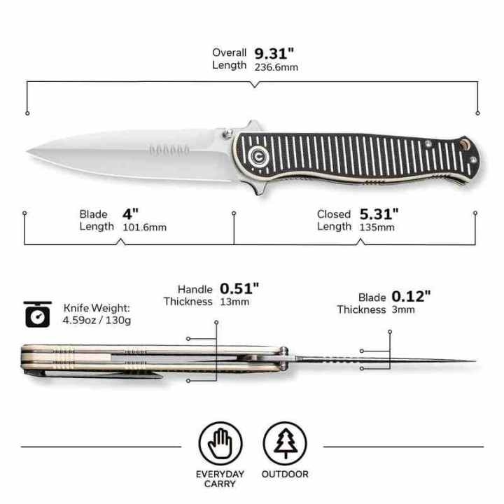 Couteau CIVIVI RS71 Dagger Ivory/Black Lame Acier Nitro-V Satin Manche G10 IKBS Linerlock Clip CIVC230251 - Livraison Gratuite