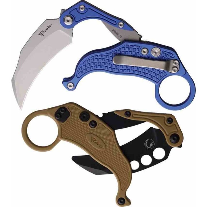 Set de 2 Karambits Reate Knives EXO-K Button Lock Manche Blue Lame Acier N690 Clip + Trainer REA125 - Livraison Gratuite