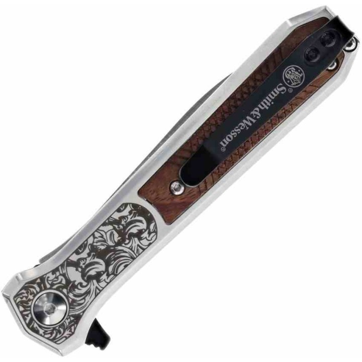 Couteau Smith&Wesson Unwavered Semi Auto Lame Acier 8Cr13MoV Manche Bois Mitres Décorées SW1208413 - Livraison Gratuite