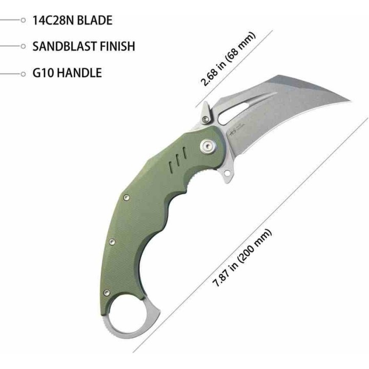 Couteau Kubey Wrath Karambit Green Manche G10 Lame Acier 14C28N IKBS Linerlock Clip KUB261B - Livraison Gratuite