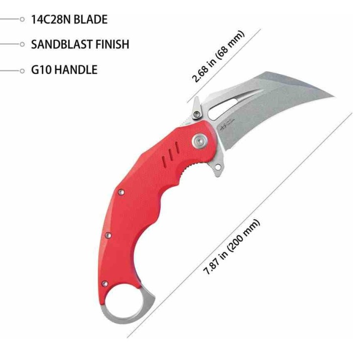 Couteau Kubey Wrath Karambit Red Manche G10 Lame Acier 14C28N IKBS Linerlock Clip KUB261D - Livraison Gratuite