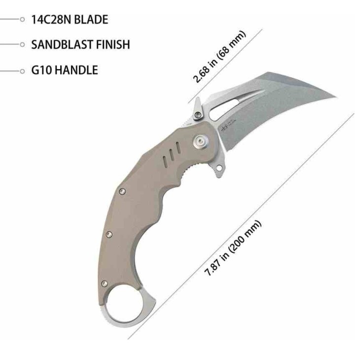 Couteau Kubey Wrath Karambit Tan Manche G10 Lame Acier 14C28N IKBS Linerlock Clip KUB261C - Livraison Gratuite
