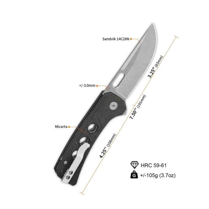 Couteau QSP Unicorn Dark Brown Manche Micarta Lame Acier 14C28N IKBS Button Lock Clip QS156A1 - Livraison Gratuite