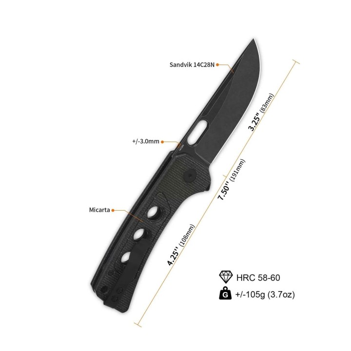 Couteau QSP Unicorn Dark Brown Manche Micarta Lame Acier 14C28N BLK IKBS Button Lock Clip QS156A2 - Livraison Gratuite