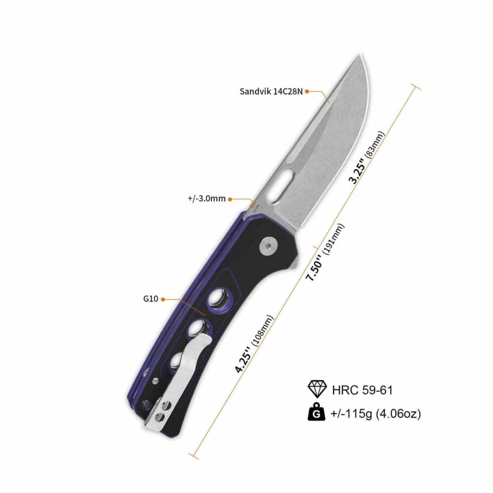 Couteau QSP Unicorn Black Purple Manche G10 Lame Acier 14C28N IKBS Button Lock Clip QS156B1 - Livraison Gratuite