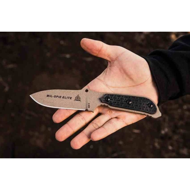 Couteau Tops Mil-Spie3 Elite Tan Lame Acier Carbone 1095 Manche Black Micarta Etui Kydex USA TPMIL3EBCM - Livraison Gratuite