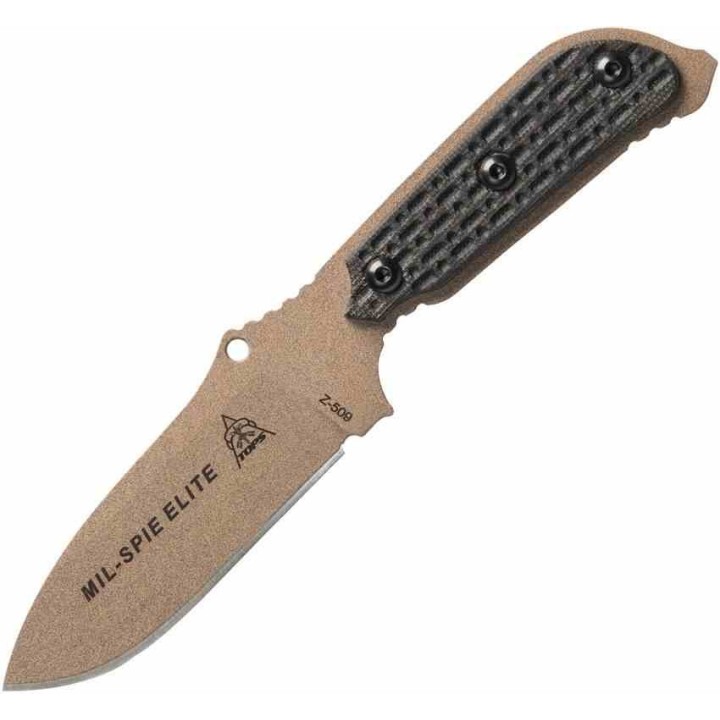 Couteau Tops Mil-Spie3 Elite Tan Lame Acier Carbone 1095 Manche Black Micarta Etui Kydex USA TPMIL3EBCM - Livraison Gratuite