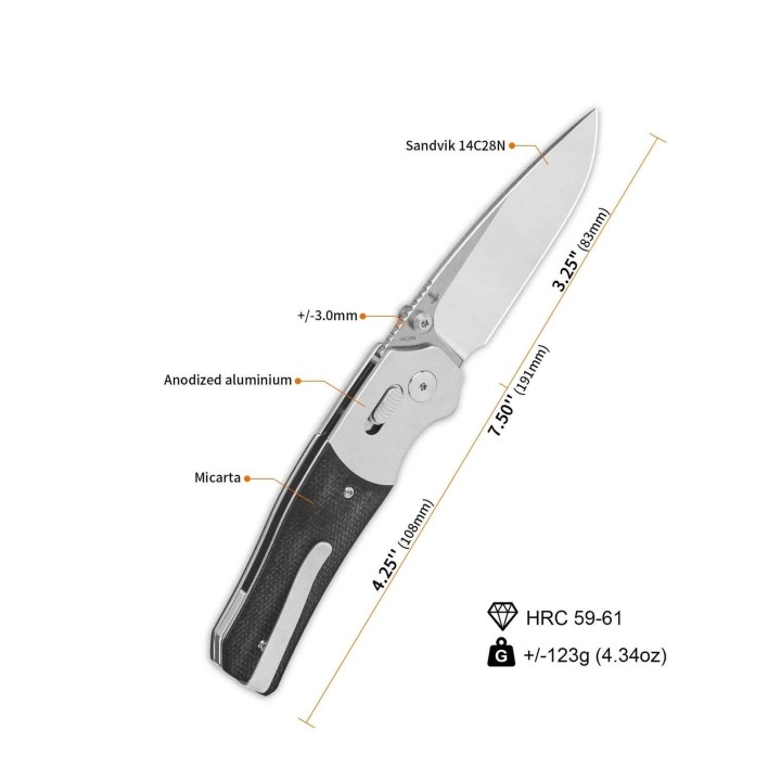 Couteau QSP Vault Black Manche Micarta/Alu Lame Acier 14C28N IKBS Crossbar Lock Clip QS157A1 - Livraison Gratuite