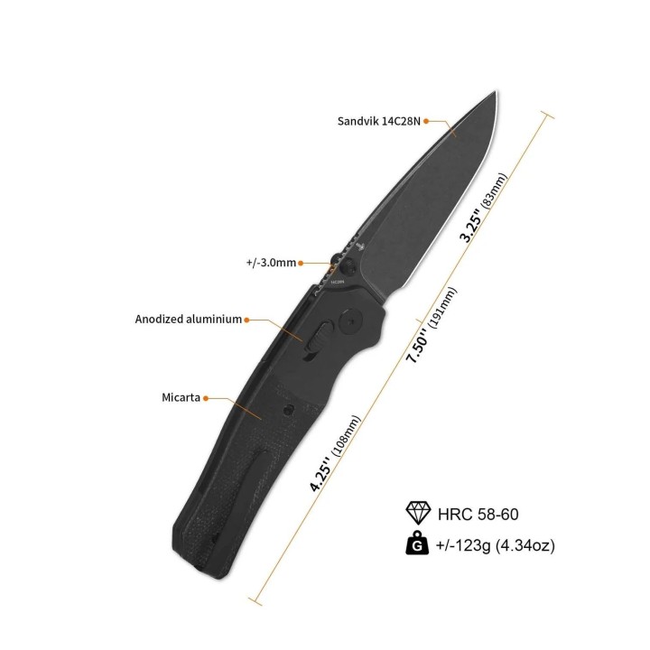 Couteau QSP Vault Black Manche Micarta/Alu Lame Acier 14C28N BLK IKBS Crossbar Lock Clip QS157A2 - Livraison Gratuite