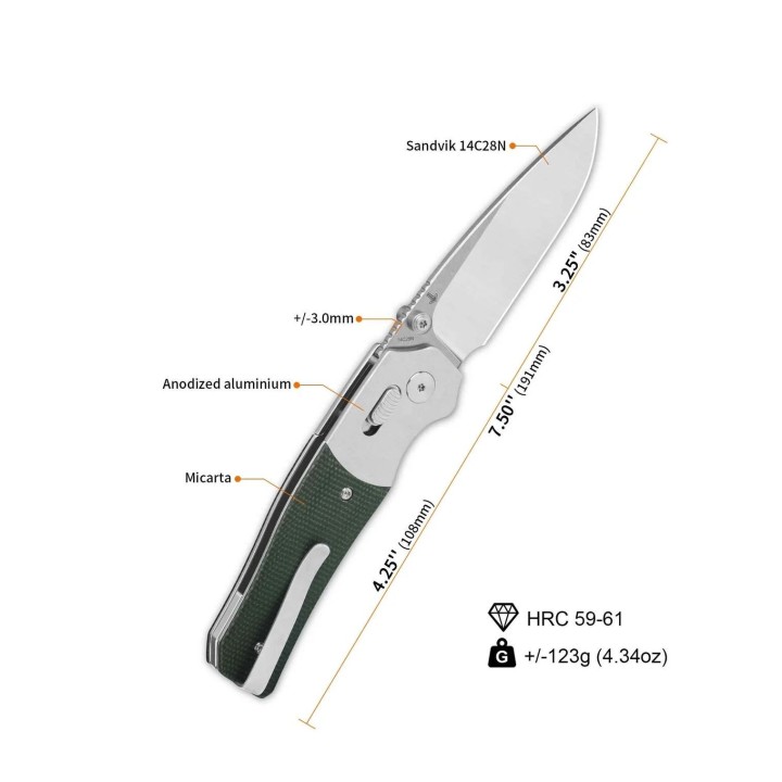 Couteau QSP Vault Green Manche Micarta/Alu Lame Acier 14C28N IKBS Crossbar Lock Clip QS157B1 - Livraison Gratuite
