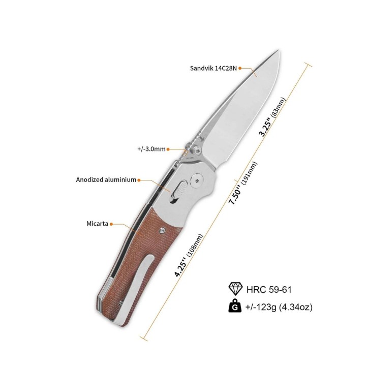 Couteau QSP Vault Tan Manche Micarta/Alu Lame Acier 14C28N IKBS Crossbar Lock Clip QS157C1 - Livraison Gratuite