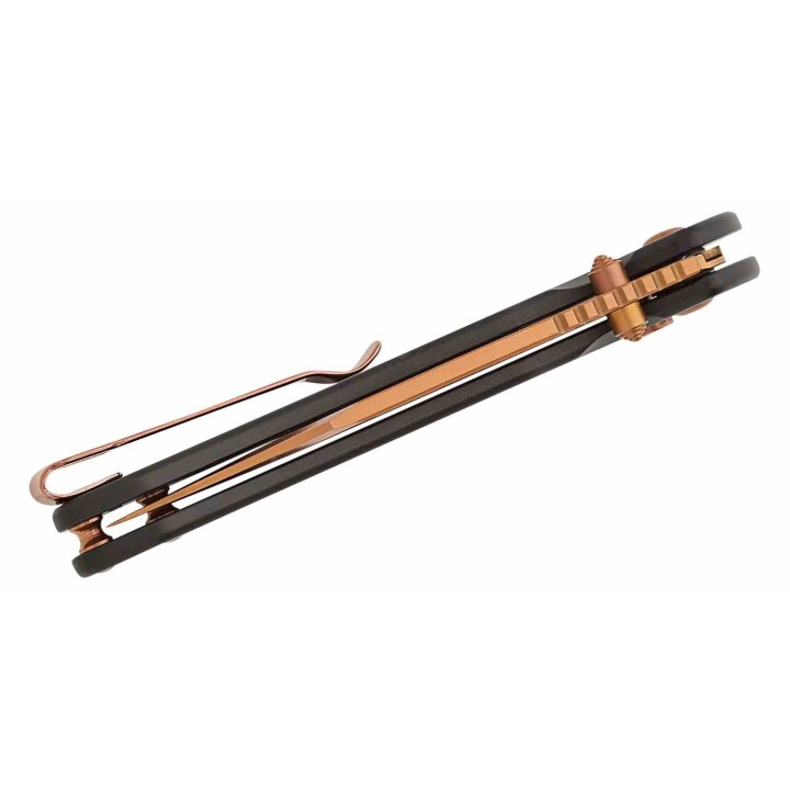 Couteau CJRB Pyrite Bowie Manche Acier Lame Acier AR-RPM9 Rose Gold IKBS Button Lock Clip J1942RG - Livraison Gratuite