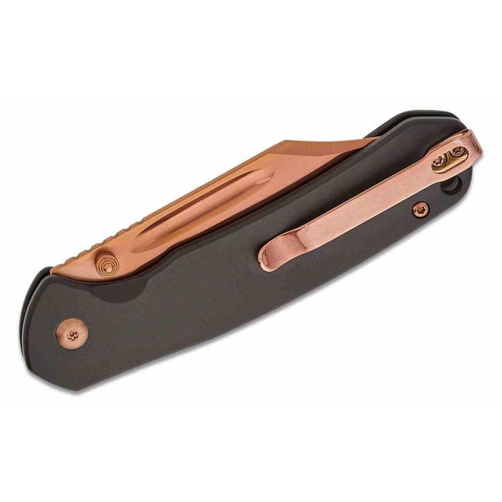 Couteau CJRB Pyrite Bowie Manche Acier Lame Acier AR-RPM9 Rose Gold IKBS Button Lock Clip J1942RG - Livraison Gratuite