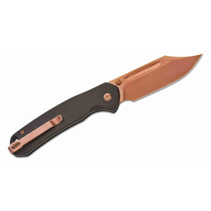 Couteau CJRB Pyrite Bowie Manche Acier Lame Acier AR-RPM9 Rose Gold IKBS Button Lock Clip J1942RG - Livraison Gratuite