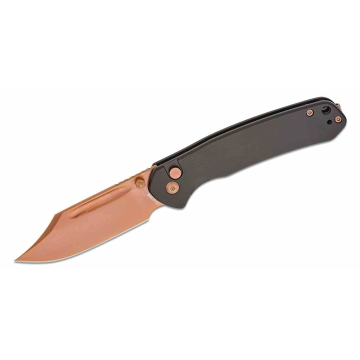 Couteau CJRB Pyrite Bowie Manche Acier Lame Acier AR-RPM9 Rose Gold IKBS Button Lock Clip J1942RG - Livraison Gratuite