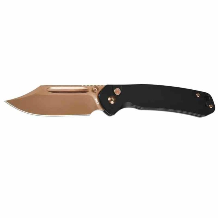 Couteau CJRB Pyrite Bowie Manche Acier Lame Acier AR-RPM9 Rose Gold IKBS Button Lock Clip J1942RG - Livraison Gratuite