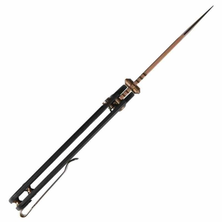 Couteau CJRB Pyrite Bowie Manche Acier Lame Acier AR-RPM9 Rose Gold IKBS Button Lock Clip J1942RG - Livraison Gratuite