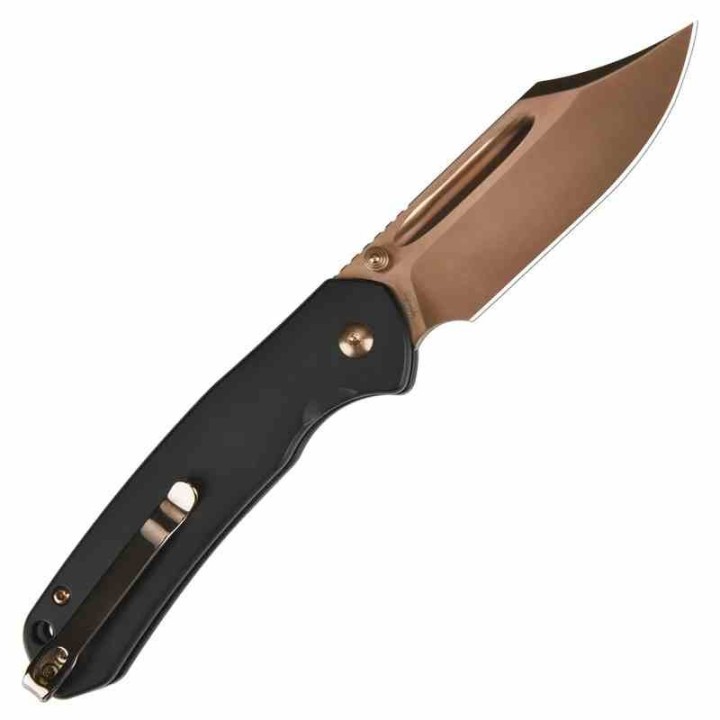 Couteau CJRB Pyrite Bowie Manche Acier Lame Acier AR-RPM9 Rose Gold IKBS Button Lock Clip J1942RG - Livraison Gratuite