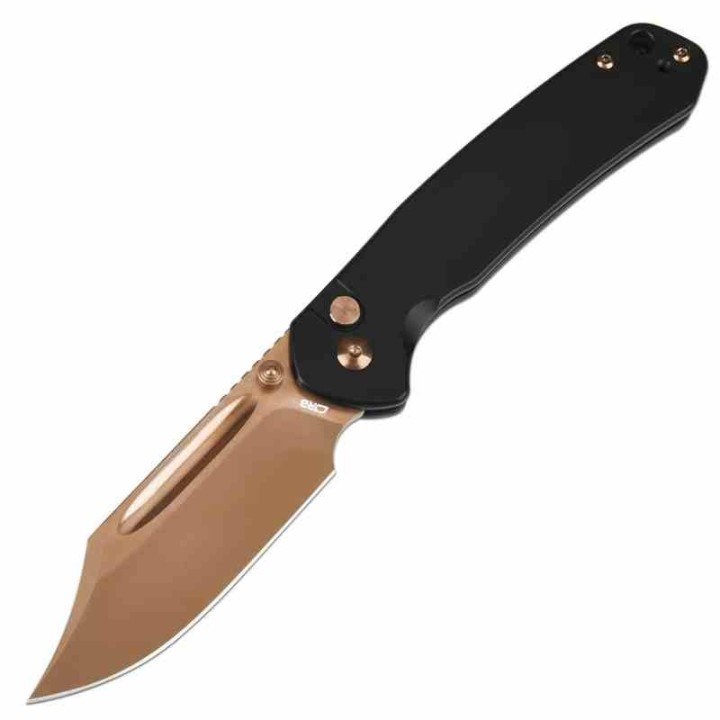 Couteau CJRB Pyrite Bowie Manche Acier Lame Acier AR-RPM9 Rose Gold IKBS Button Lock Clip J1942RG - Livraison Gratuite