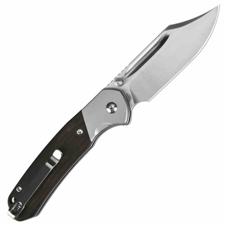 Couteau CJRB Pyrite Bowie Ebony Manche Bois Lame Acier AR-RPM9 Sand Polish IKBS Button Lock Clip J1942EBN - Livraison Gratuite