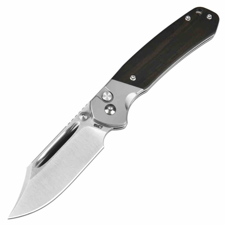 Couteau CJRB Pyrite Bowie Ebony Manche Bois Lame Acier AR-RPM9 Sand Polish IKBS Button Lock Clip J1942EBN - Livraison Gratuite